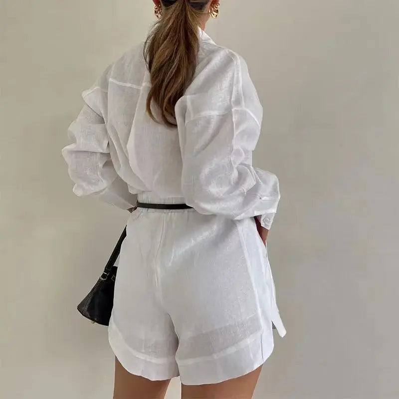 Women Shorts Sets Long Sleeve Blouses with Short Pants 2 Pieces Set