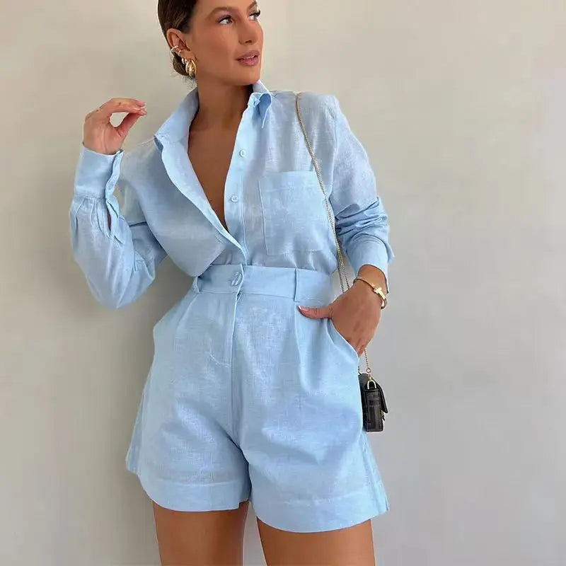 Women Shorts Sets Long Sleeve Blouses with Short Pants 2 Pieces Set