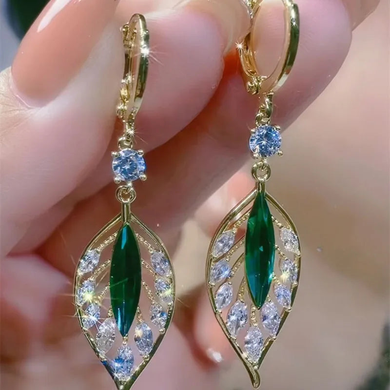 Green Crystal Golden Leaves Earrings for Women