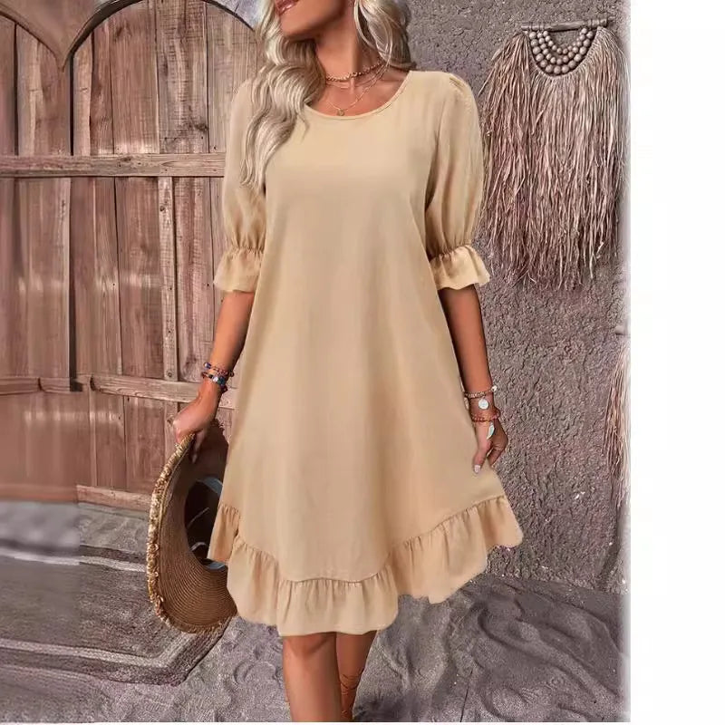 2025 Elegant Women Dress Casual Mid Sleeve Round Neck