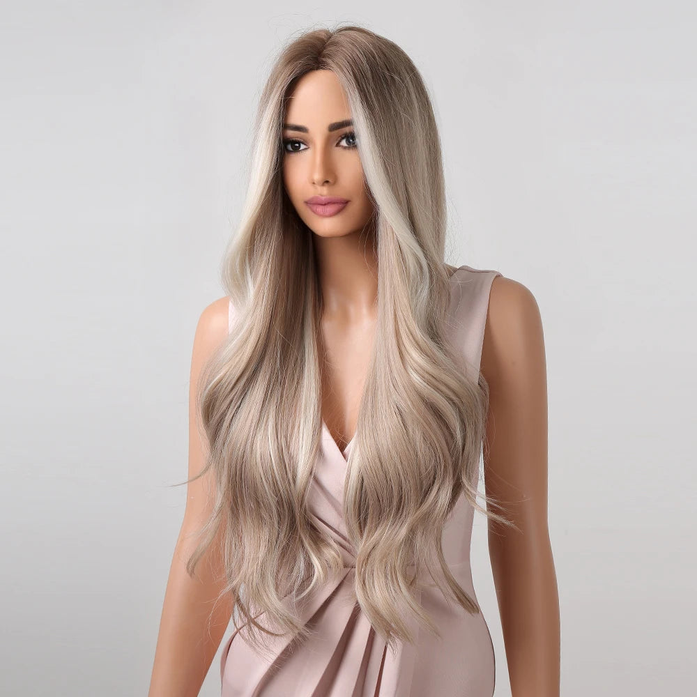 Platinum Blonde with White Highlight Dark Roots Synthetic Hair Wigs