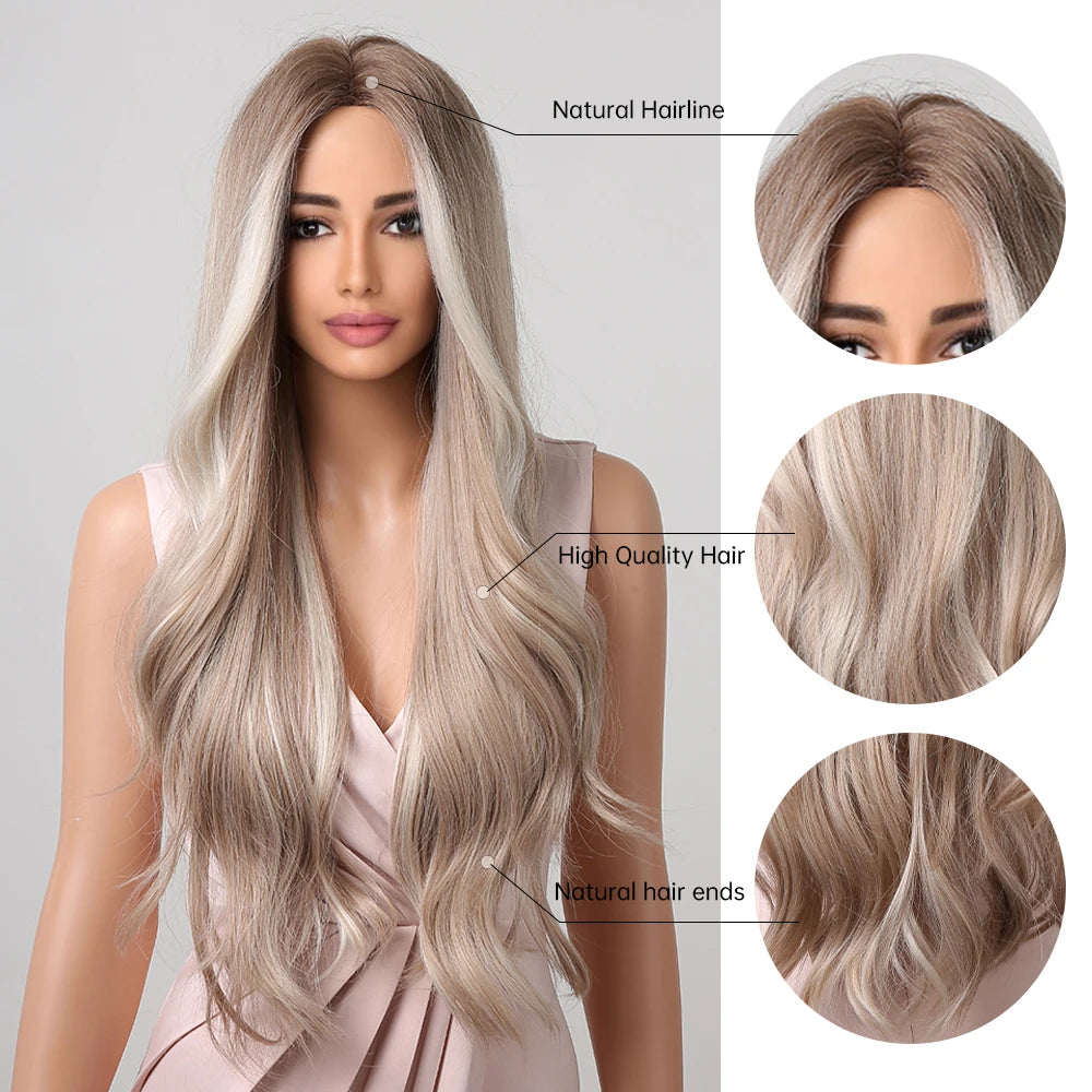 Platinum Blonde with White Highlight Dark Roots Synthetic Hair Wigs