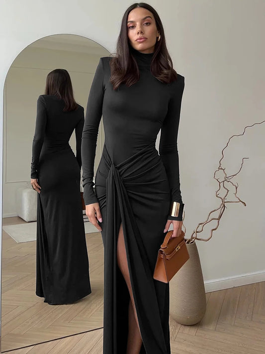 Mozision Turtleneck Thigh High Split Sexy Maxi Dress For Women