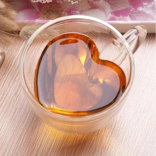 Heart Love Shaped Glass Mug Double Wall Coffee Cup Insulated