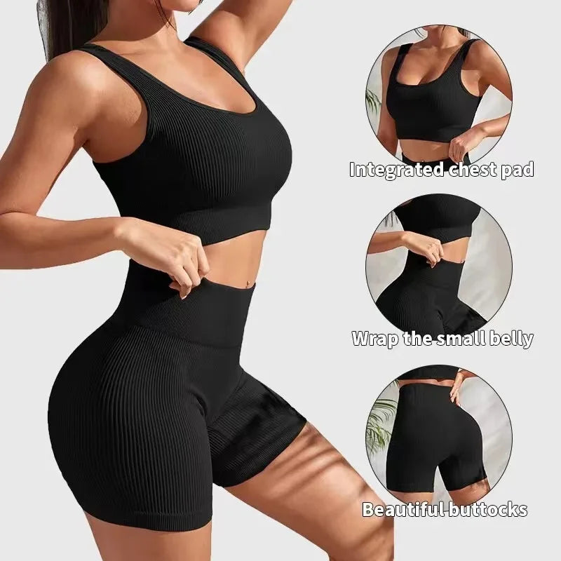 Women Seamless Crop Top Bra Shorts Yoga Set