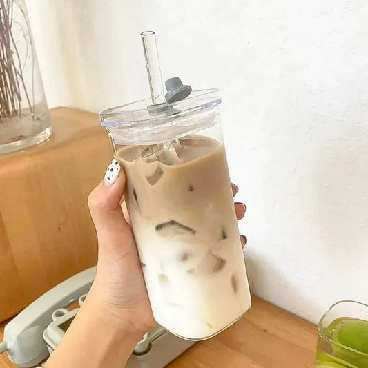 1pcs Square Heat Resistant Coffee Glass Cup With Lid and Straw