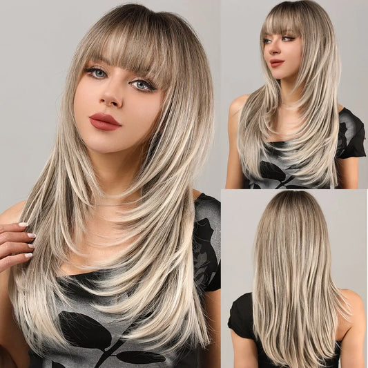 Women Blonde Wigs Long Blonde Bangs Dark Root Layered Synthetic Wig