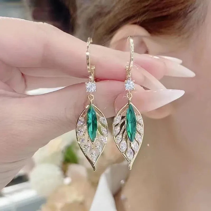 Green Crystal Golden Leaves Earrings for Women