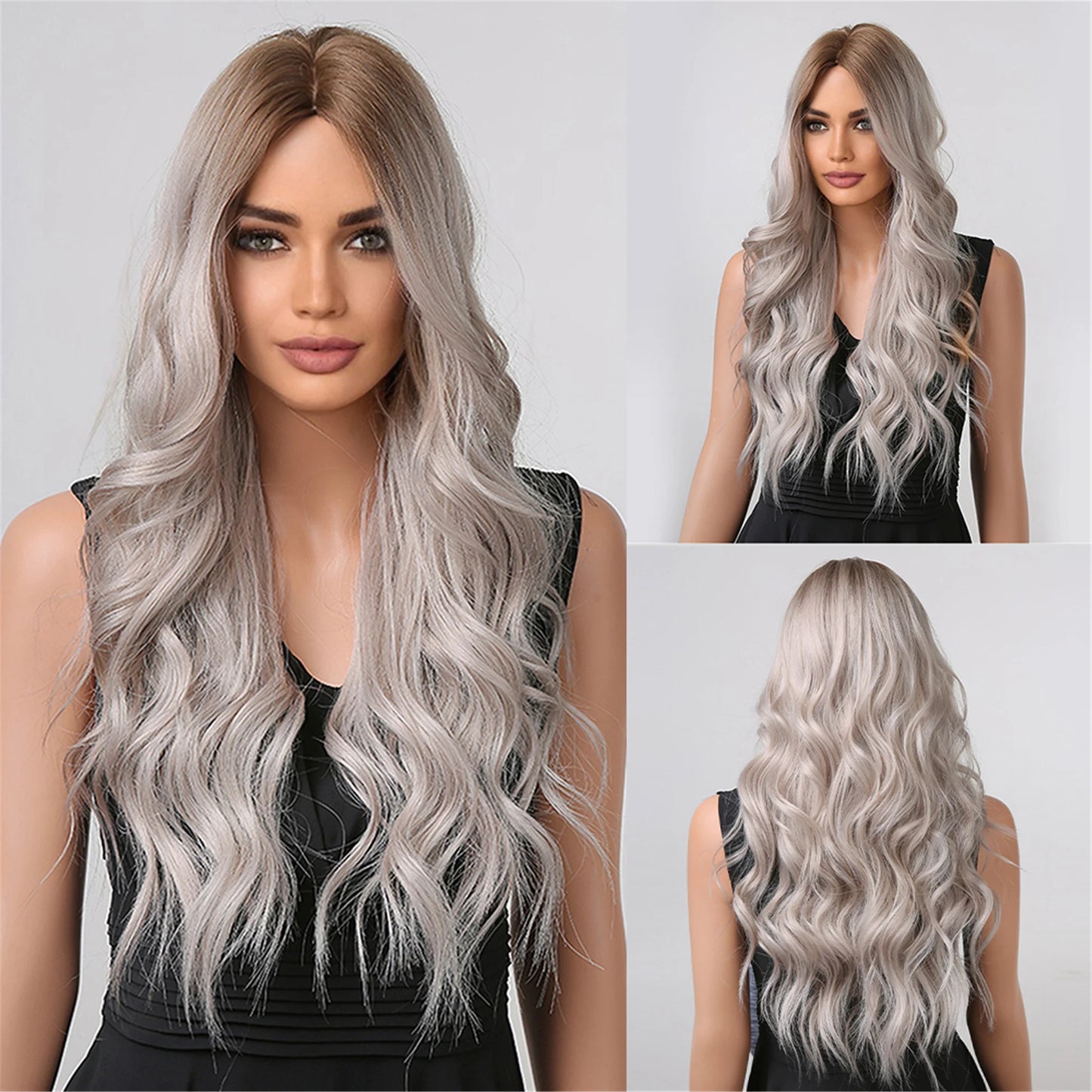 Platinum Blonde with White Highlight Dark Roots Synthetic Hair Wigs