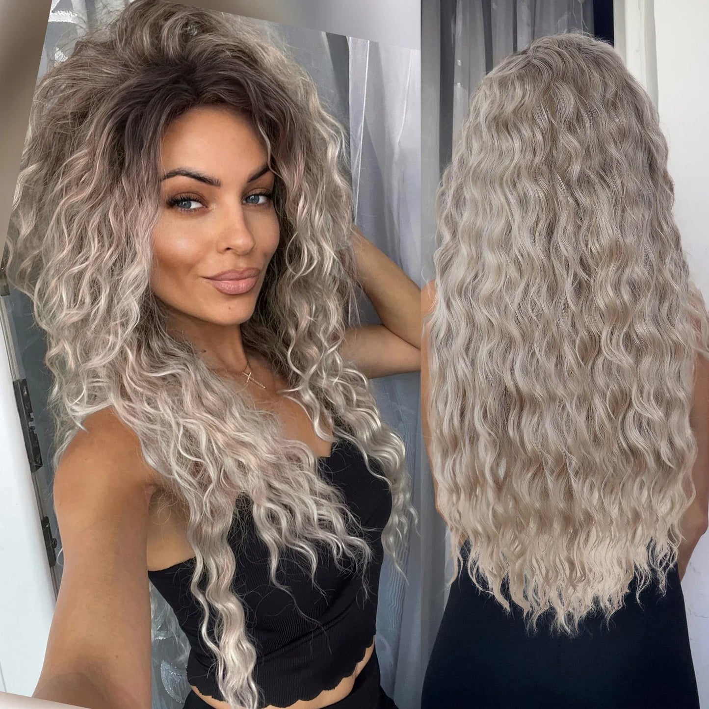 Ash Blonde Curly Wig Synthetic Long Curly Hair Wigs for Women