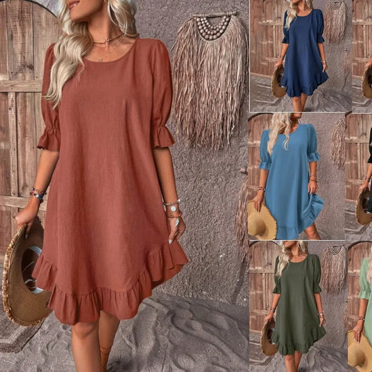 2025 Elegant Women Dress Casual Mid Sleeve Round Neck