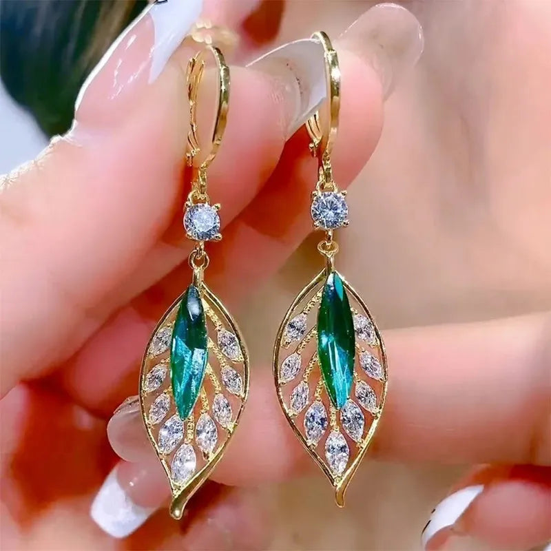 Green Crystal Golden Leaves Earrings for Women