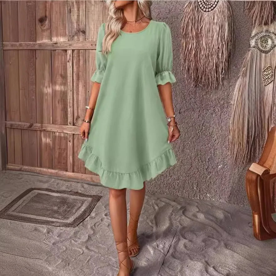 2025 Elegant Women Dress Casual Mid Sleeve Round Neck