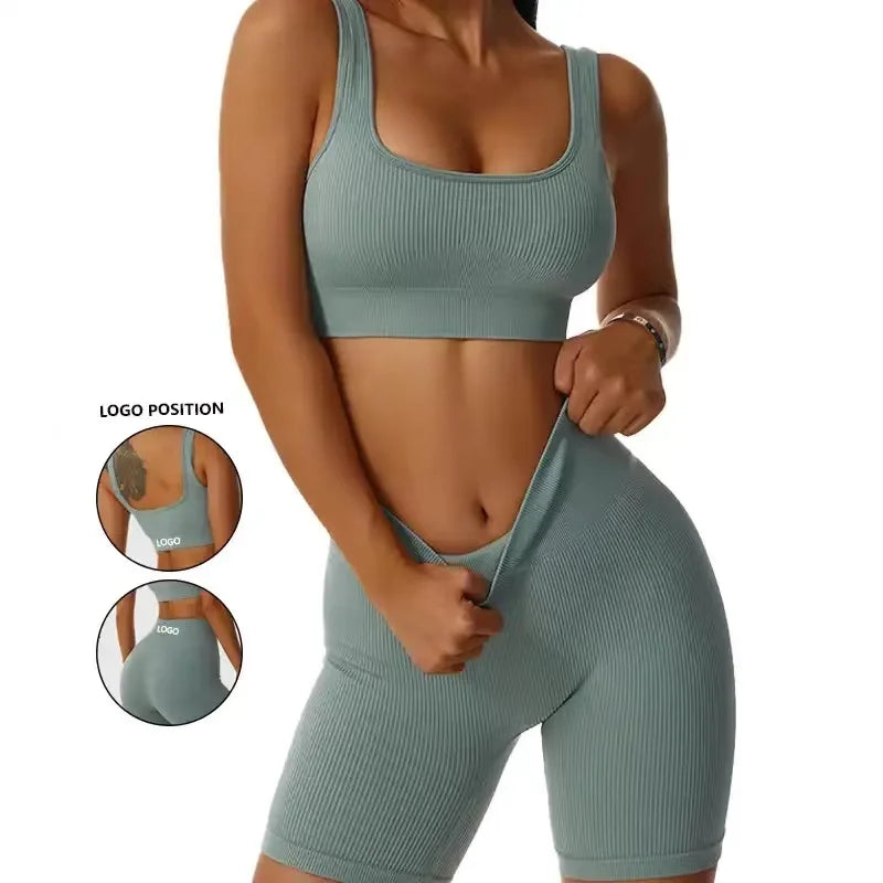 Women Seamless Crop Top Bra Shorts Yoga Set