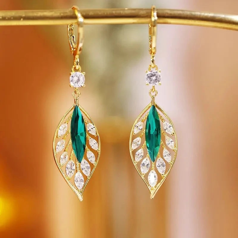 Green Crystal Golden Leaves Earrings for Women