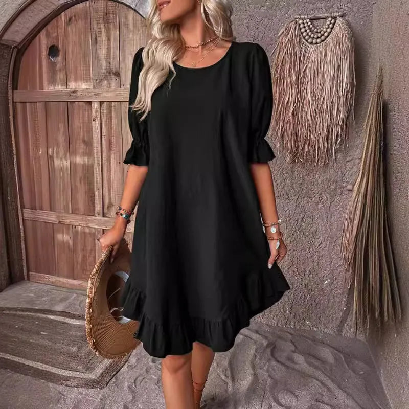 2025 Elegant Women Dress Casual Mid Sleeve Round Neck