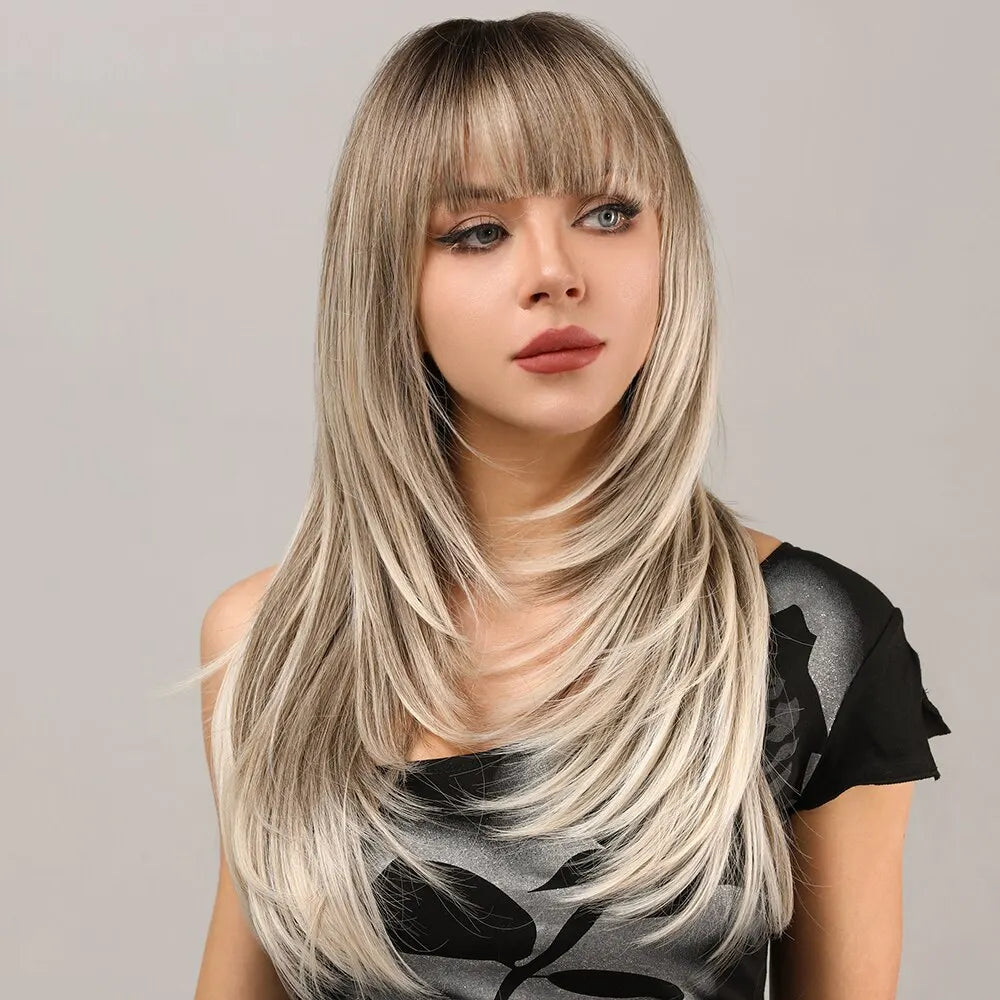 Women Blonde Wigs Long Blonde Bangs Dark Root Layered Synthetic Wig