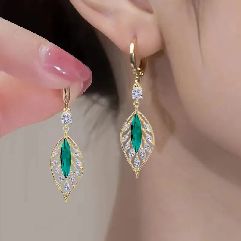 Green Crystal Golden Leaves Earrings for Women