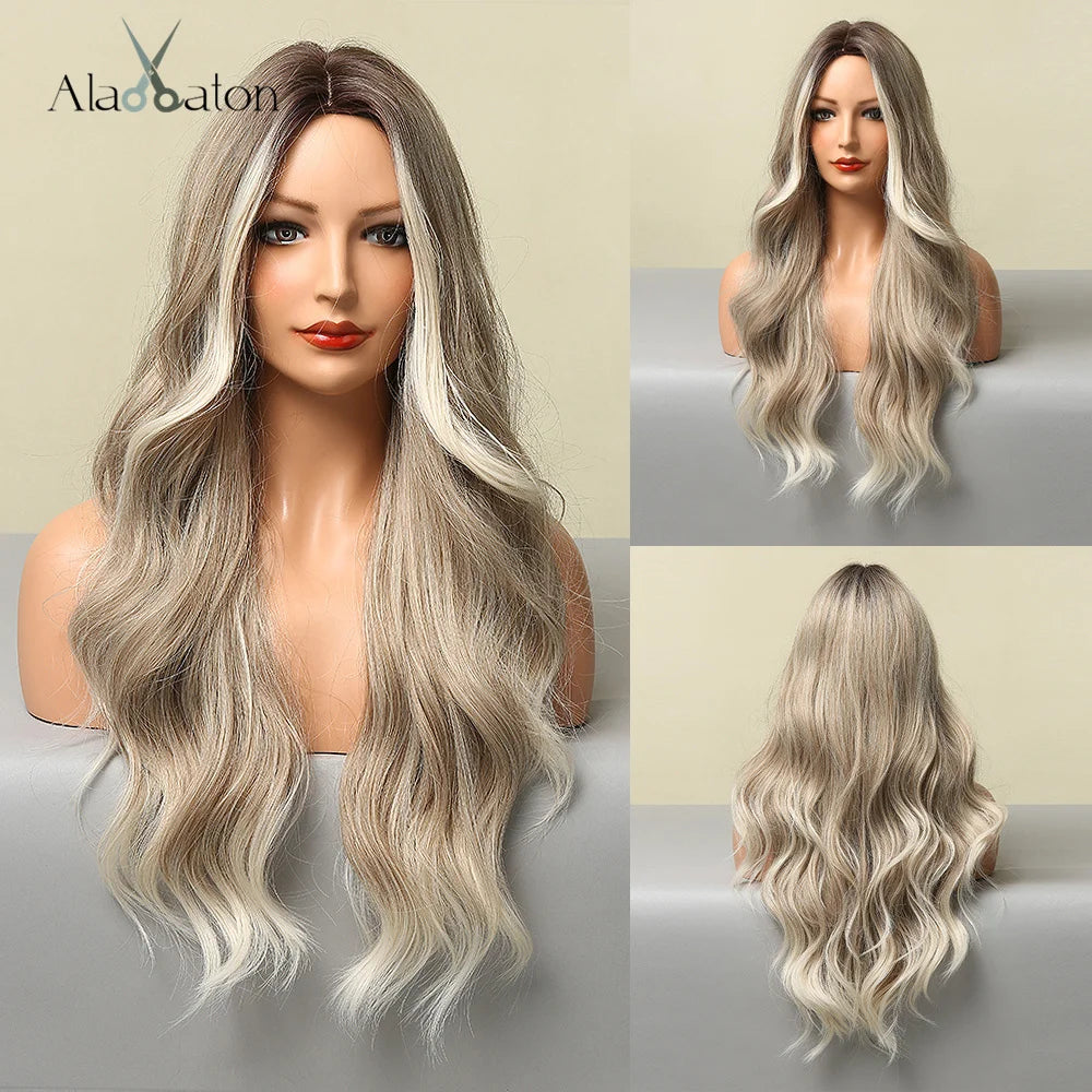 Platinum Blonde with White Highlight Dark Roots Synthetic Hair Wigs