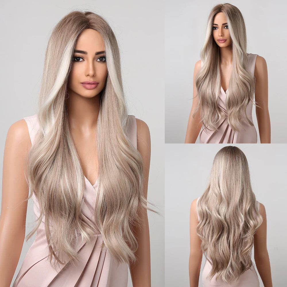 Platinum Blonde with White Highlight Dark Roots Synthetic Hair Wigs