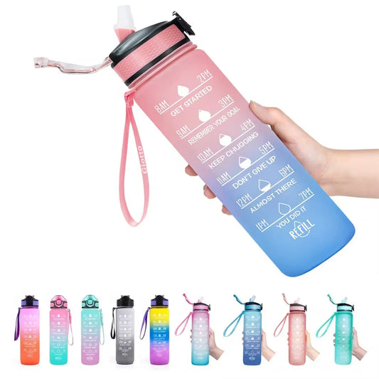 32 Oz Leakproof Water Bottles with Times to Drink and Straw