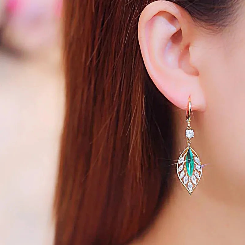 Green Crystal Golden Leaves Earrings for Women