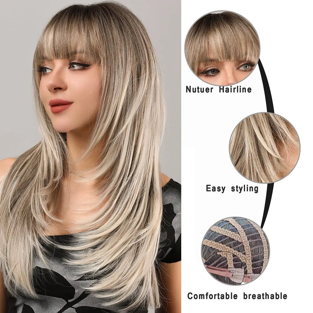 Women Blonde Wigs Long Blonde Bangs Dark Root Layered Synthetic Wig